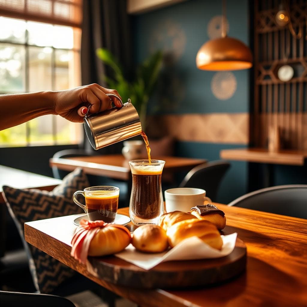 Fresh local coffee being poured at Nuru Hotel mini-restaurant